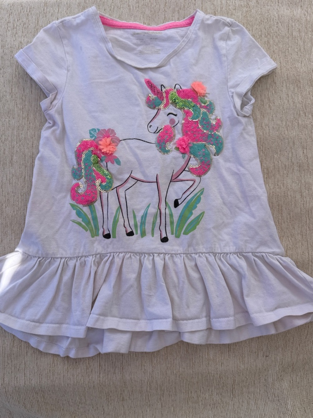 White Unicorn Ruffle Blouse with Pink & Green Mane